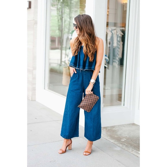 Anthropologie Tiered Denim Cute Strapless Jumpsuit - Picture 9 of 13